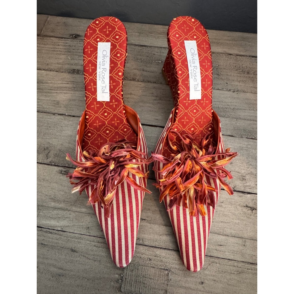 Olivia Rose Tal New York Striped Ribbon Pom Pom Wedge Mules Red White Womens 8